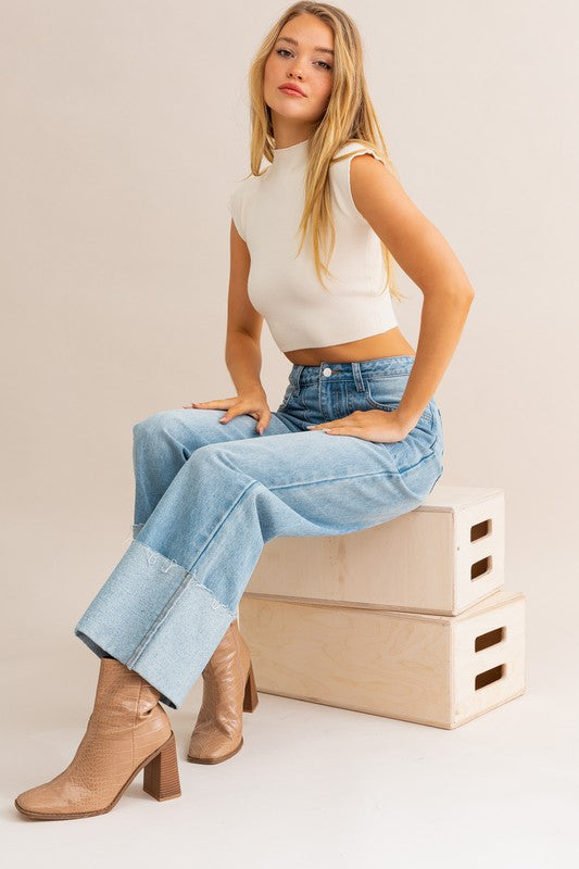 Avery High-Waisted Wide Leg Cuffed Jeans